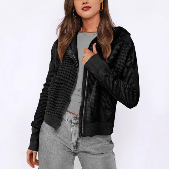 Damen lässige Zip-Jacke mit Kapuze und strukturiertem Design Heidi-Mode