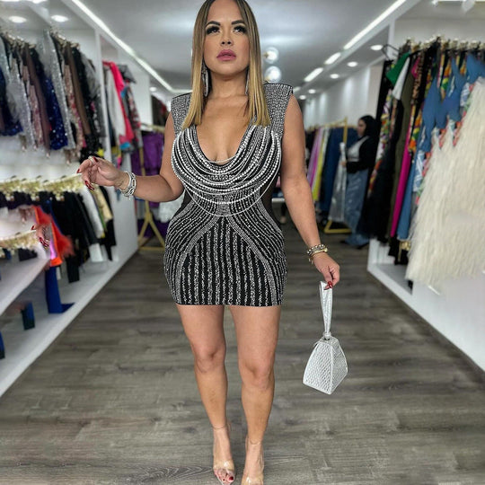 Heidi-Mode | Tiefes V-Ausschnitt Hals Ohne Ärmel Schnitt Strass Kleid Frauen Sexy Abendkleid Hohle Ausschnitt