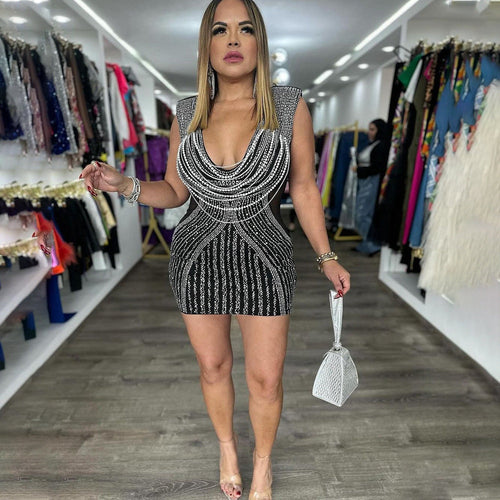 Heidi-Mode | Tiefes V-Ausschnitt Hals Ohne Ärmel Schnitt Strass Kleid Frauen Sexy Abendkleid Hohle Ausschnitt