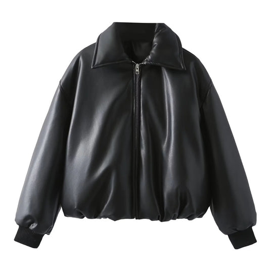 Damen lässige Boxy-Jacke aus weichem Kunstleder mit elastischem Bund Heidi-Mode