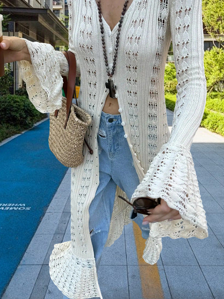 Damen Großer Strickcardigan mit offener Maschenstruktur und weit geschnittenen Ärmeln Heidi-Mode