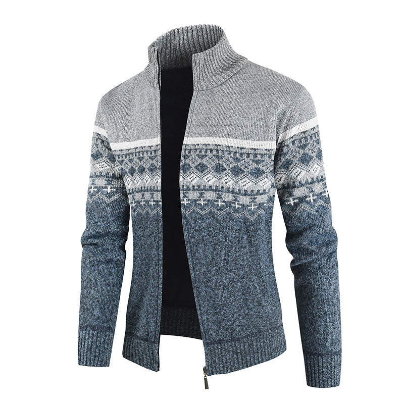 Herren Strickjacke mit Wintermuster und hohem Stehkragen Heidi-Mode