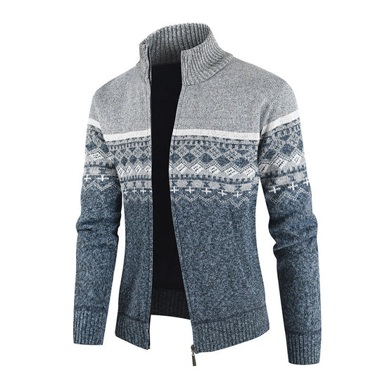 Herren Strickjacke mit Wintermuster und hohem Stehkragen Heidi-Mode