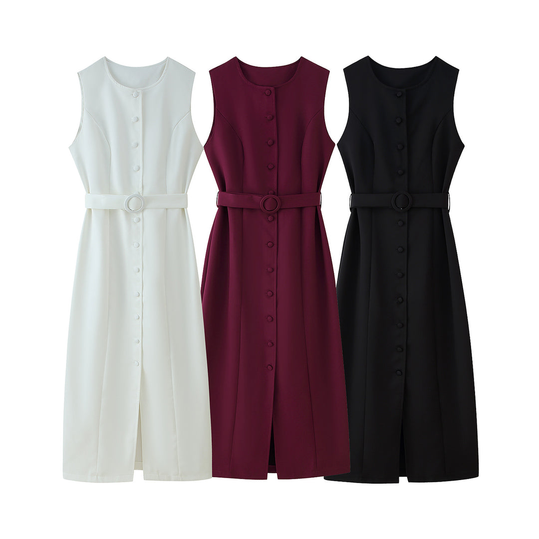 Damen ärmelloses Wickelkleid mit Knopfverschluss und Taillengürtel Heidi-Mode