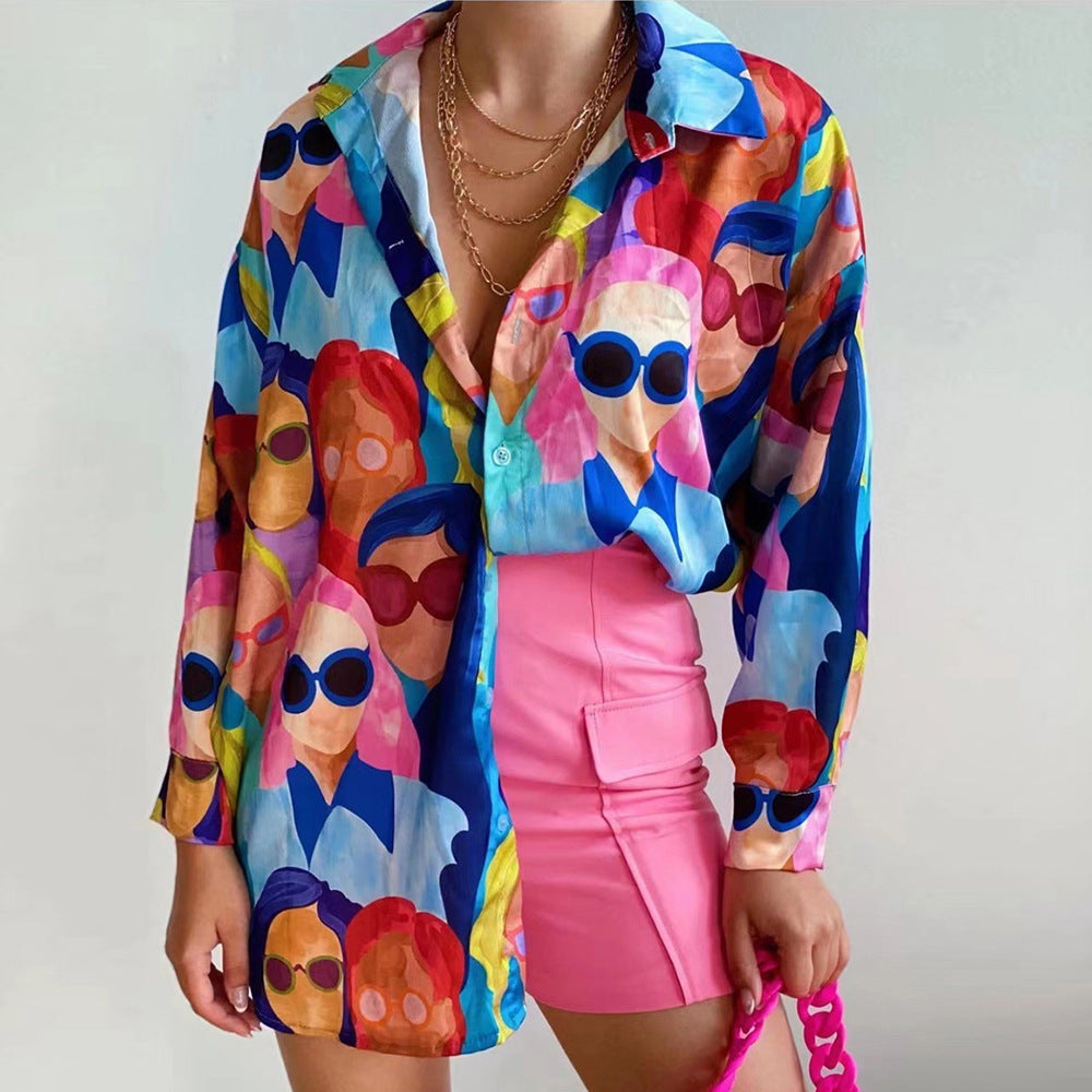 Damen Oversized Bluse mit buntem Grafikdruck Heidi-Mode