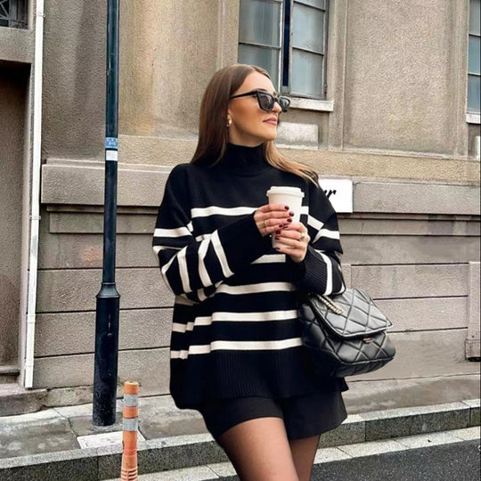 Damen Oversized Strickpullover mit hohem Kragen und trendigem Streifenmuster Heidi-Mode