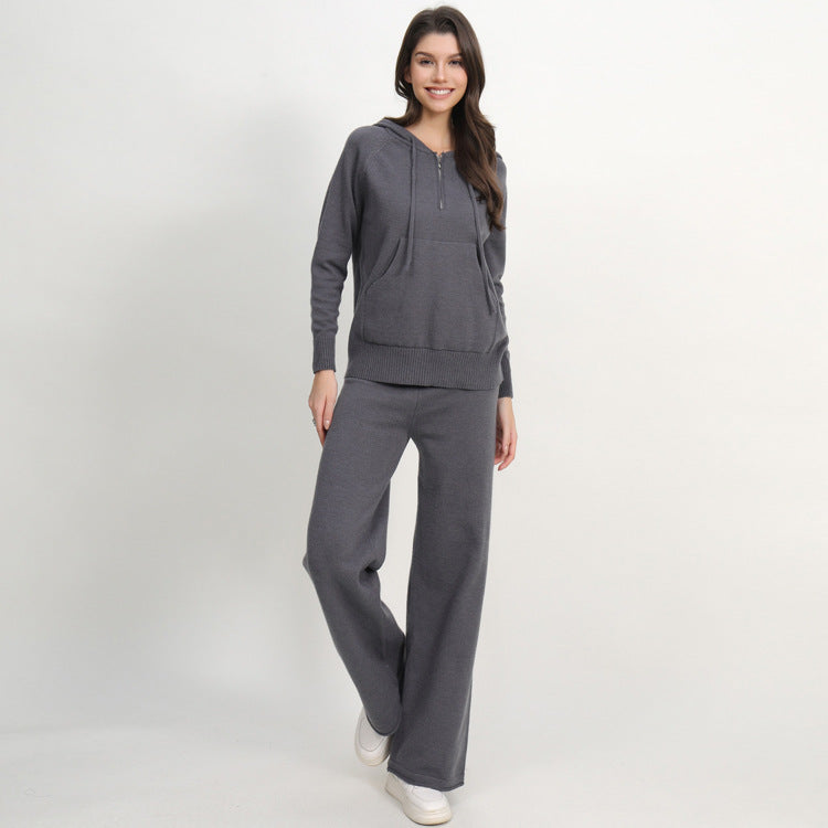 Damen lässiges Strick-Loungewear-Set mit Kapuze und weitem Bein Heidi-Mode
