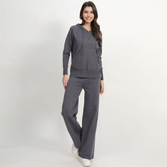 Damen lässiges Strick-Loungewear-Set mit Kapuze und weitem Bein Heidi-Mode