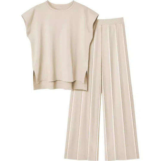 Damen elegantes Set mit kurzärmligem Oberteil und plissierter Hose Heidi-Mode