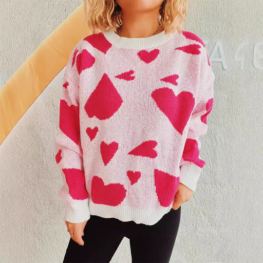 Damen oversized Pullover mit Herzmotiv Heidi-Mode