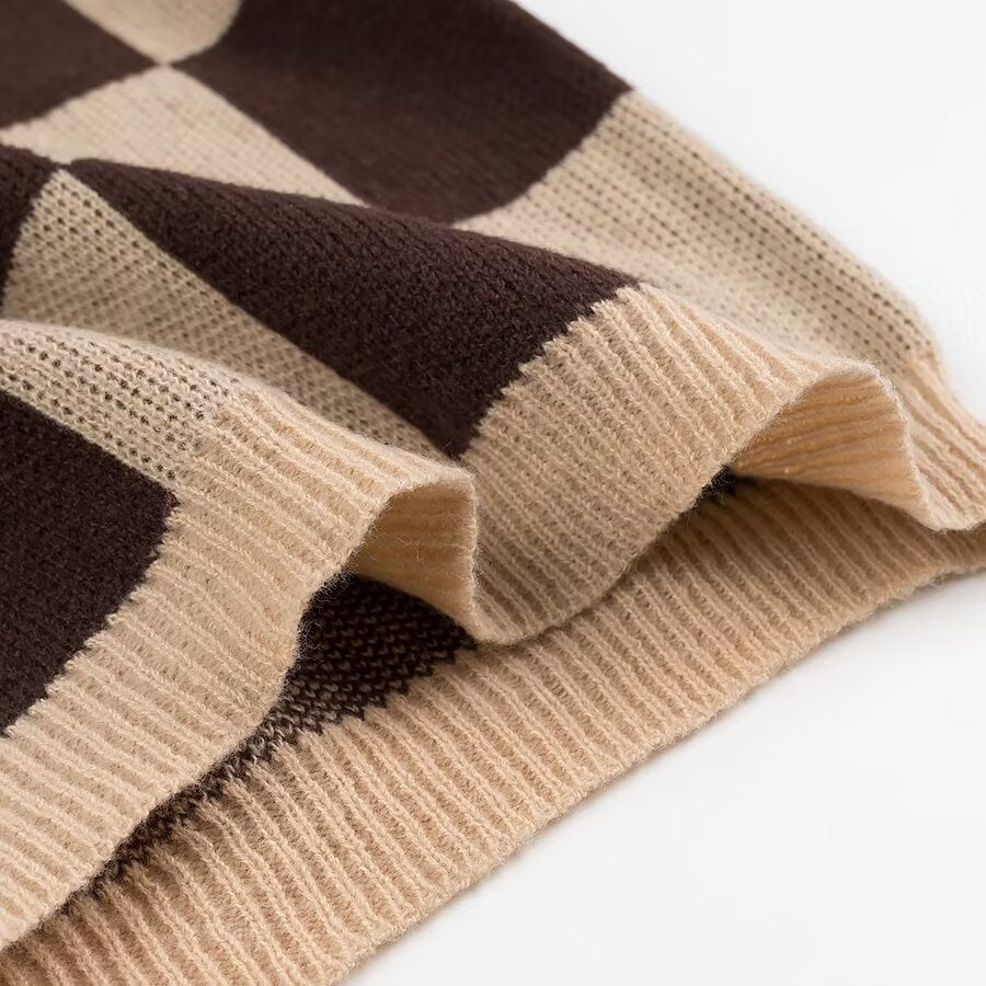 Damen OverGrößed Kariert Pullover mit Rundhalsausschnitt und feiner Strickstruktur Heidi-Mode