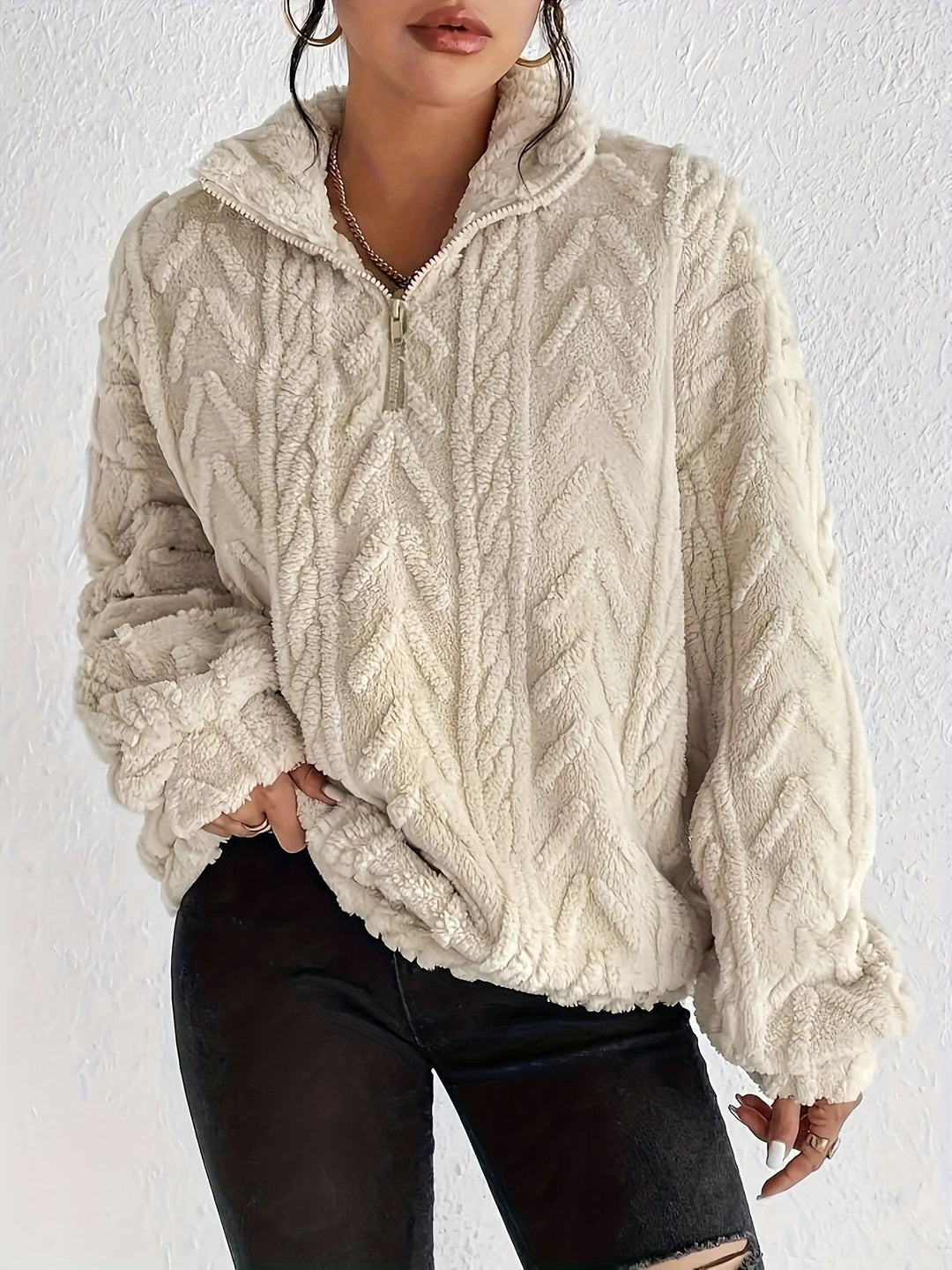Damen Fleece Pullover mit hohem Kragen und strukturiertem Design Heidi-Mode