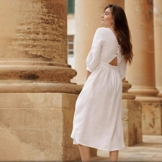 Damen Leinenkleid mit elegantem V-Ausschnitt und lockerem Schnitt Heidi-Mode