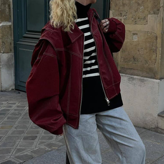 Damen Kunstlederjacke mit elastischen Bündchen und hochschließendem Kragen Heidi-Mode