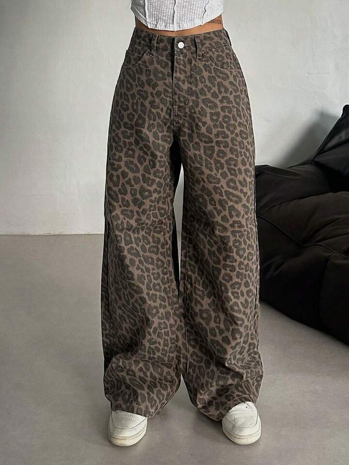 Damen Weit geschnittene Leoparden-Jeans im lässigen Stil Heidi-Mode