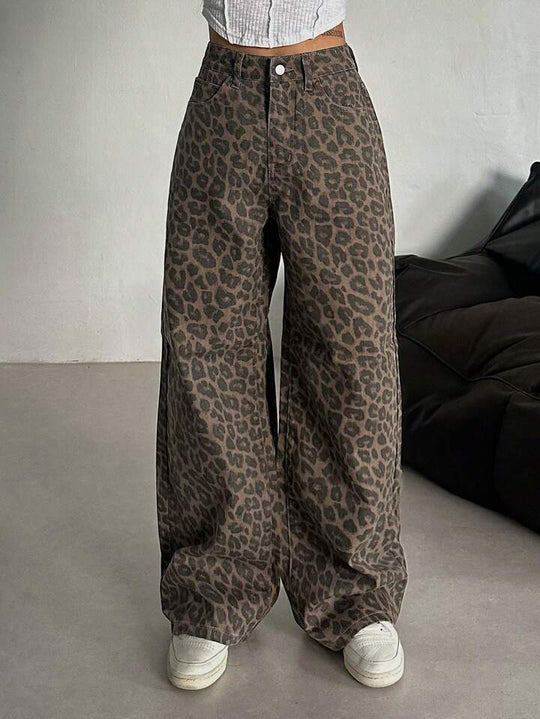 Damen Weit geschnittene Leoparden-Jeans im lässigen Stil Heidi-Mode