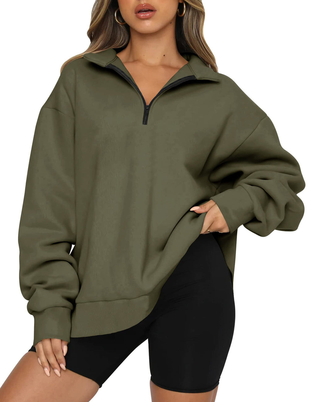 Damen Oversized Sweatshirt mit kurzem Reißverschluss und lässigem Schnitt Heidi-Mode