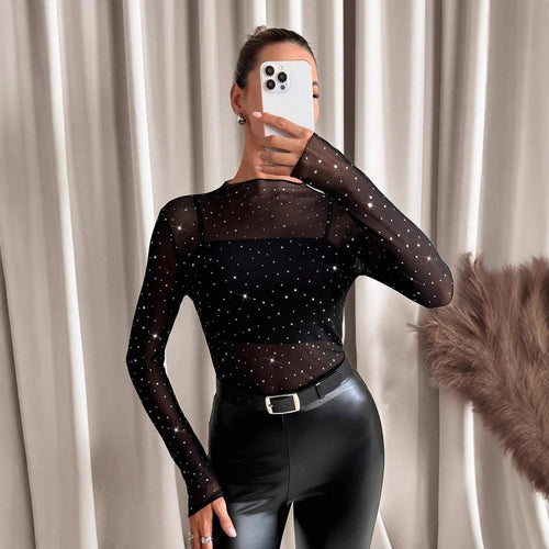 Damen Funktionsshirt aus transparenter Qualität mit glitzernden Applikationen Heidi-Mode