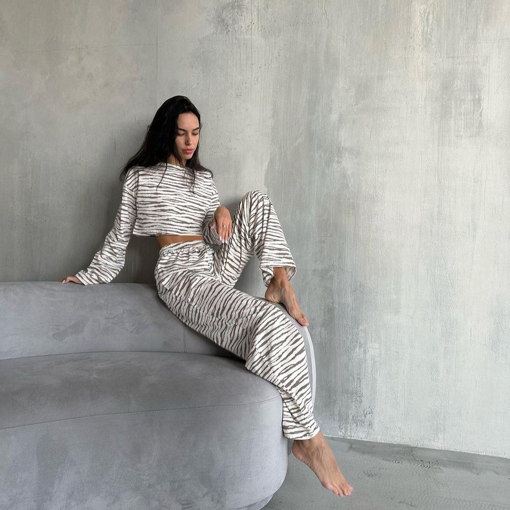Damen lässiges Crop-Top und Jogginghose Set mit tierischem Muster Heidi-Mode