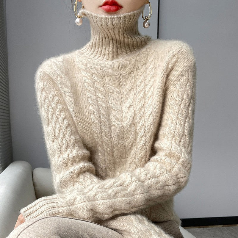 Damen Grobstrickpullover mit hohem Kragen und strukturiertem Zopfmuster Heidi-Mode