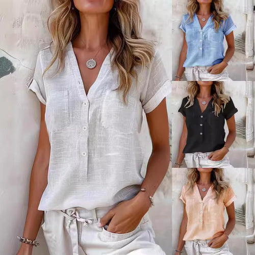 Damen Kurzarm Leinenbluse mit Knopfdetails Heidi-Mode