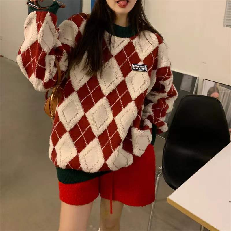 Damen Flauschiger Pullover mit modernem Rhombenmuster und lässigem Schnitt Heidi-Mode