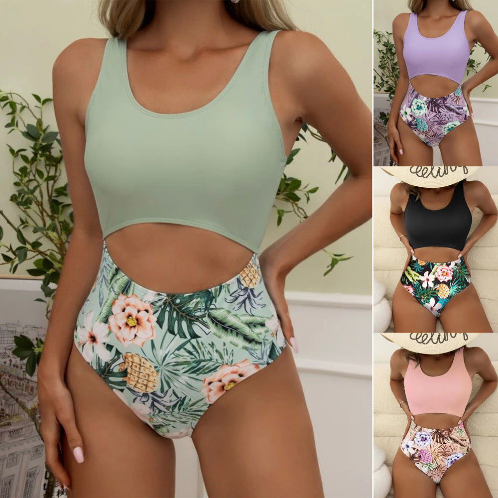 Damen Einteiler Badeanzug mit gestreiftem Oberteil und floralem Bottom Heidi-Mode