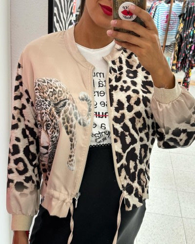 Damen entspannte Bomberjacke mit extravagantem Leoparden-Motiv Heidi-Mode