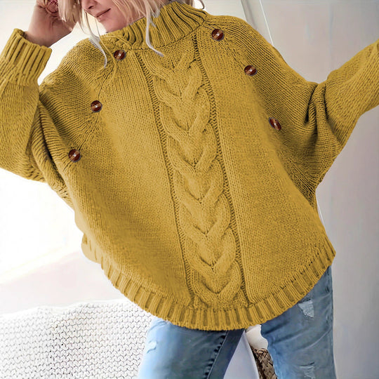 Damen Oversized Strickpullover mit Hochkragen und dekorativen Knopfdetails Heidi-Mode