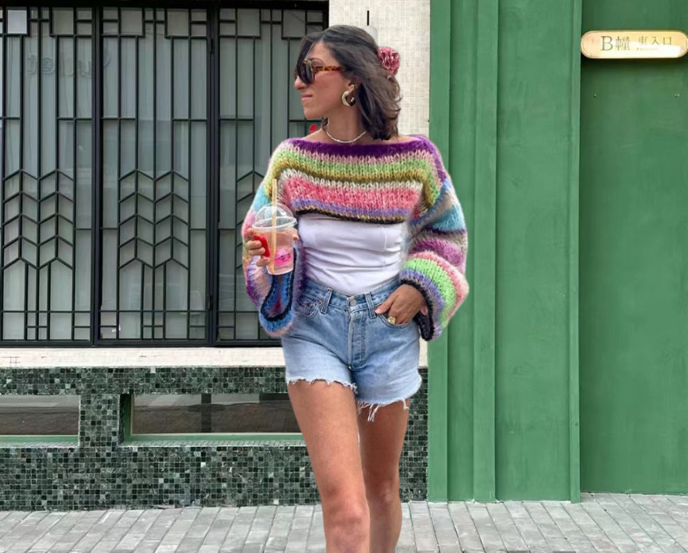 Damen Strickpullover im bunten Design mit weiten Ärmeln Heidi-Mode