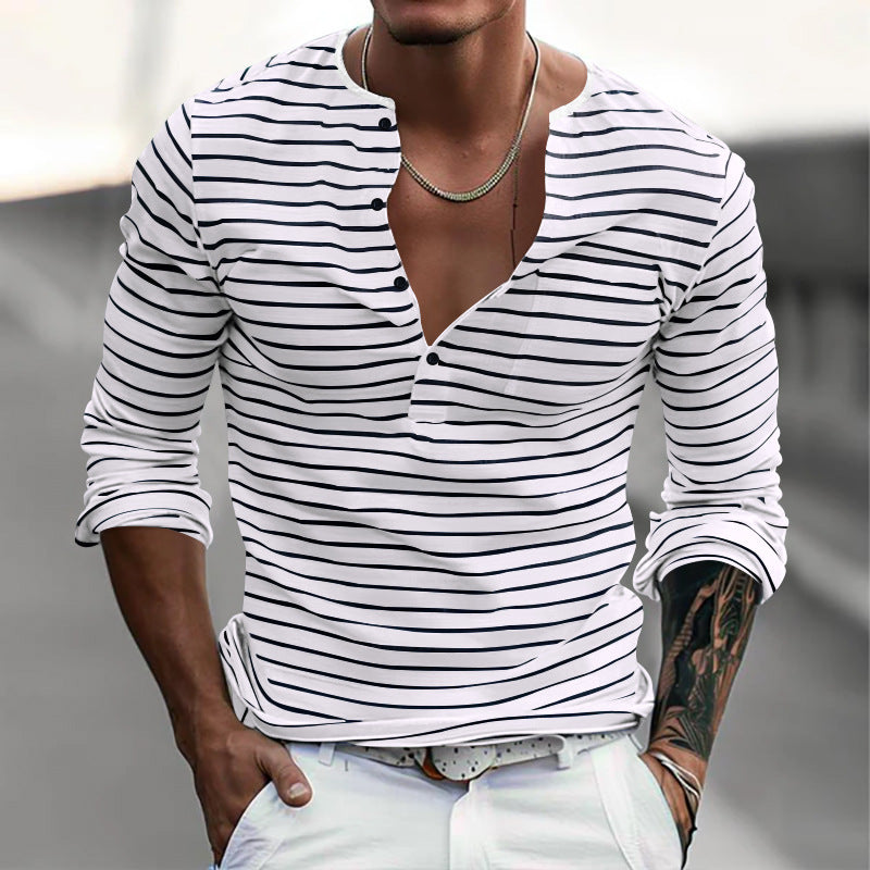 Herren Langarm-Henley-Shirt mit modischem Streifenmuster Heidi-Mode