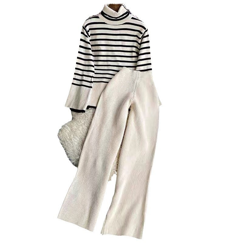 Damen elegantes gestreiftes Strickensemble mit hohem Kragen und weitem Bein Heidi-Mode