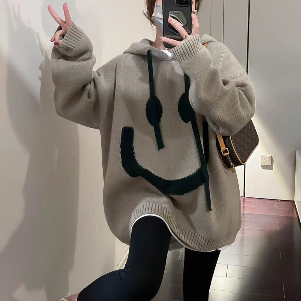 Damen Lässiger Oversized-Pullover mit Smiley-Motiv Heidi-Mode