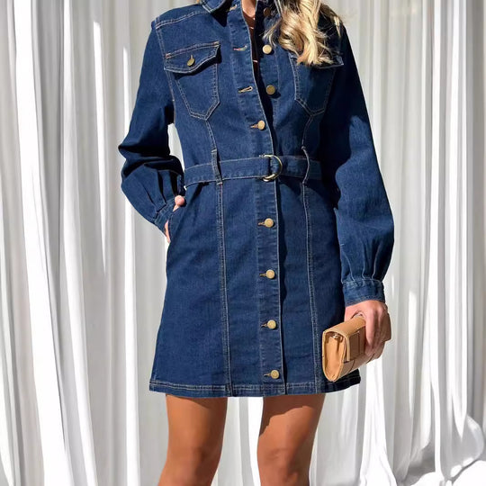 Damen Jeanshemd Kleid mit tailliertem Schnitt und Gürtel Heidi-Mode