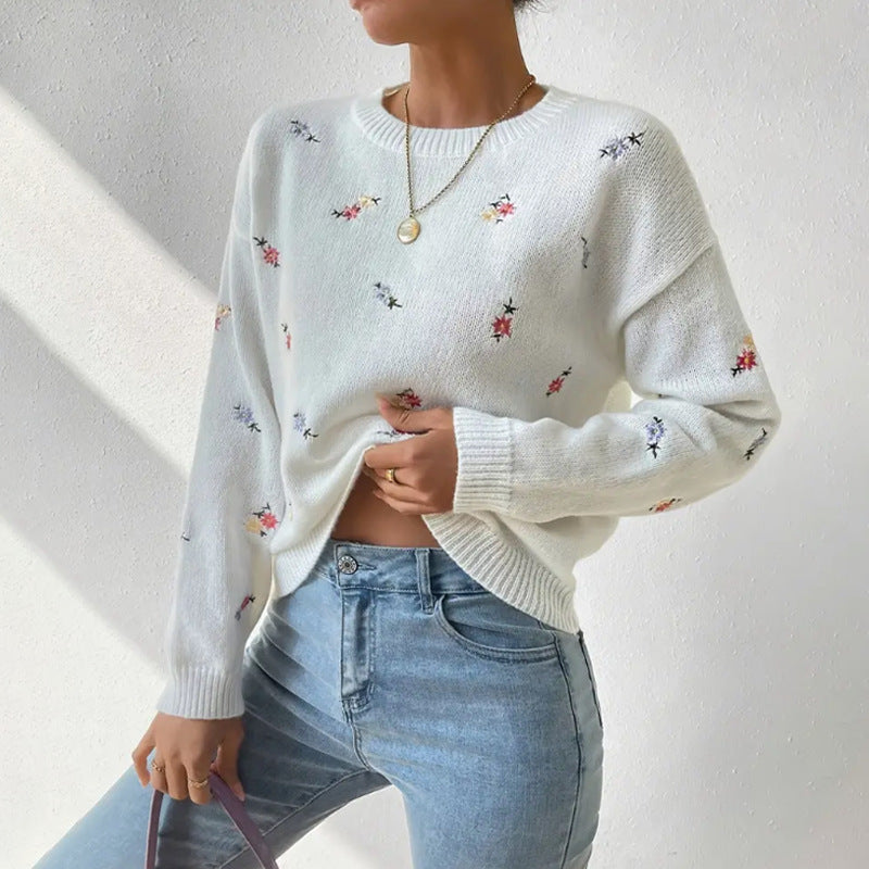 Damen kuscheliger Strickpullover mit floralem Motiv Heidi-Mode