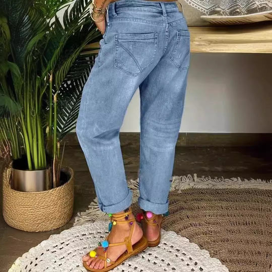 Damen Boyfriend-Jeans mit Knopfleiste und Distressed-Details Heidi-Mode