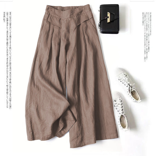 Damen Weit geschnittene Leinenhose mit hohem Bund und eleganten Falten Heidi-Mode