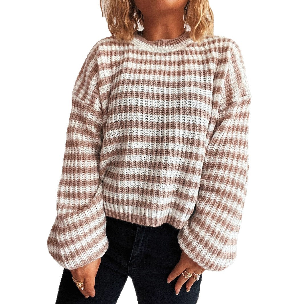 Damen lässiger Strickpullover mit breiten Streifen Heidi-Mode