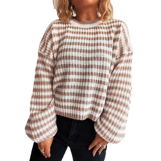 Damen lässiger Strickpullover mit breiten Streifen Heidi-Mode
