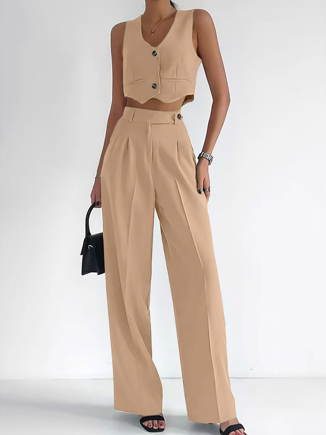 Damen Modisches Zweiteiler-Set mit ärmellosem Oberteil und weit geschnittenen Hosen Heidi-Mode