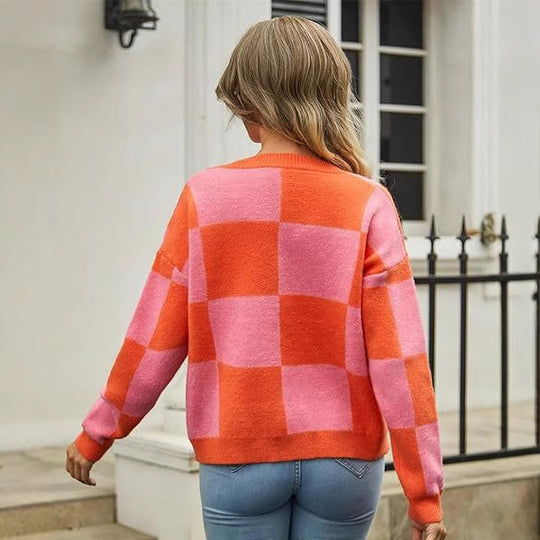 Damen modischer V-Ausschnitt Cardigan mit Karomuster Heidi-Mode