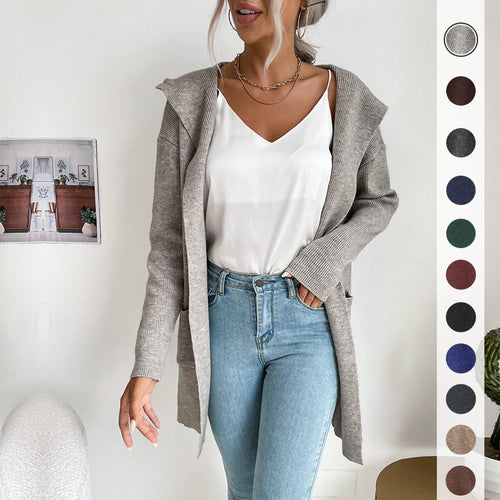 Damen Langärmlige Strickjacke mit Kapuze und seitlichen Taschen Heidi-Mode