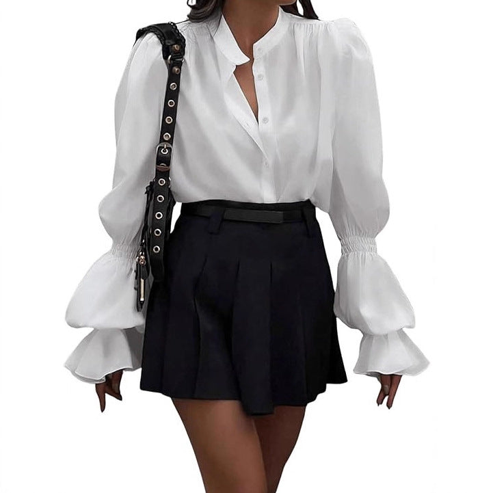 Damen Bluse mit eleganten Puffärmeln und zeitlosem Stehkragen Heidi-Mode