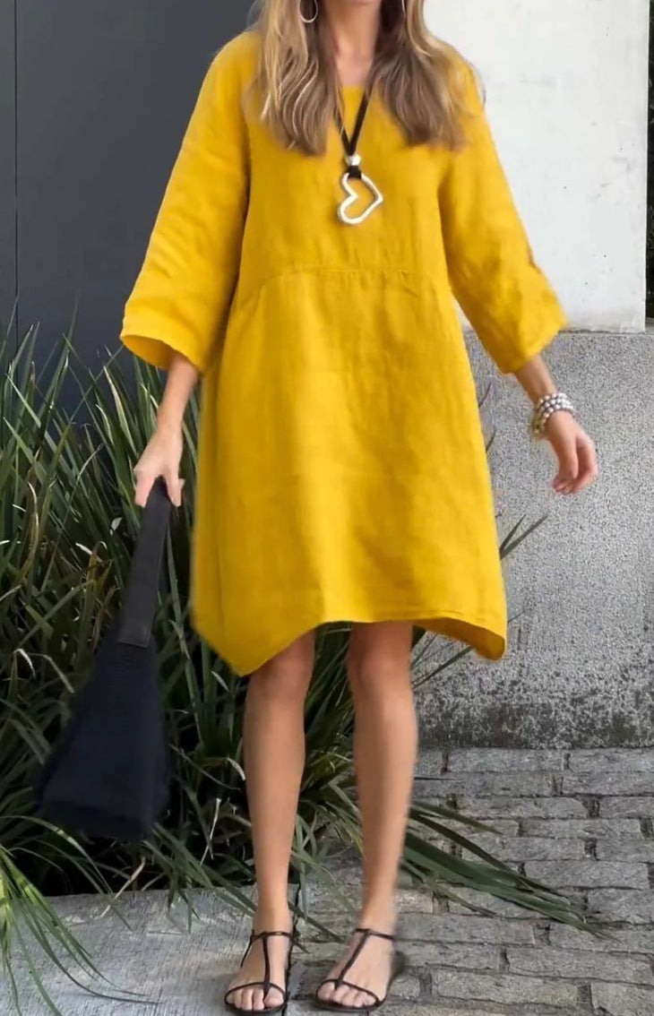 Damen lässiges Leinenkleid mit praktischen Taschen und asymmetrischem Saum Heidi-Mode