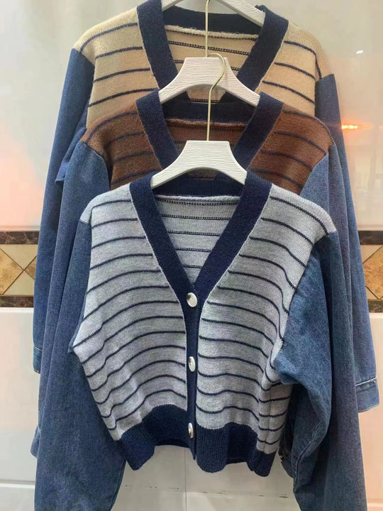 Damen modische Strickjacke mit modernen Streifen-Design und Raglanärmeln Heidi-Mode