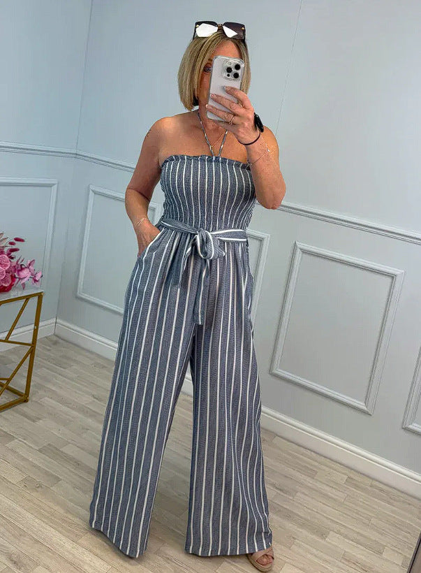 Damen Eleganter Jumpsuit mit gestreiftem Design und Gürtel Heidi-Mode