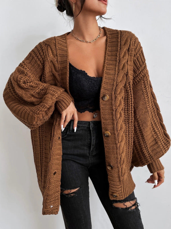 Damen Grobstrick Cardigan mit weiten Ärmeln und Knopfdetails Heidi-Mode
