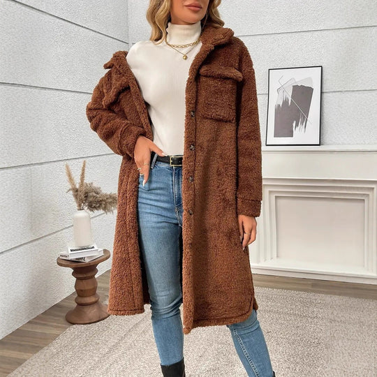 Damen Teddyfell Mantel mit praktischen Taschen und übergroßem Schnitt Heidi-Mode