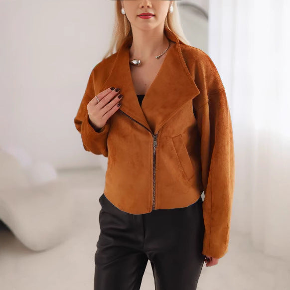 Damen Trendige Kurzjacke im lässigen Biker-Stil mit asymmetrischem Reißverschluss und tiefem Kragen Heidi-Mode