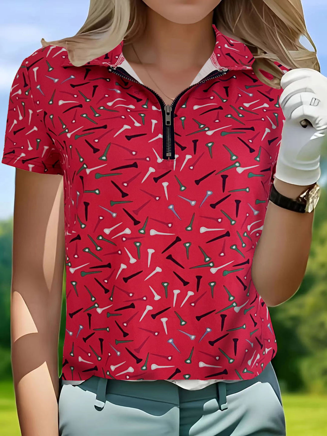 Damen Golfshirt mit modernem Muster und funktionalem Reißverschluss Heidi-Mode